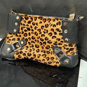 Cache Leopard Print Clutch with Black Accents